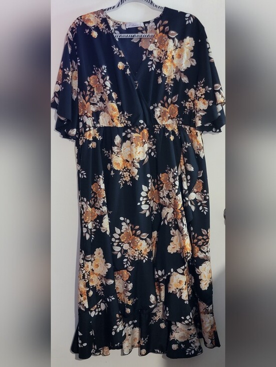 Dresses & Skirts - Floral Faux Wrap High Low Dress in Black and Mustard